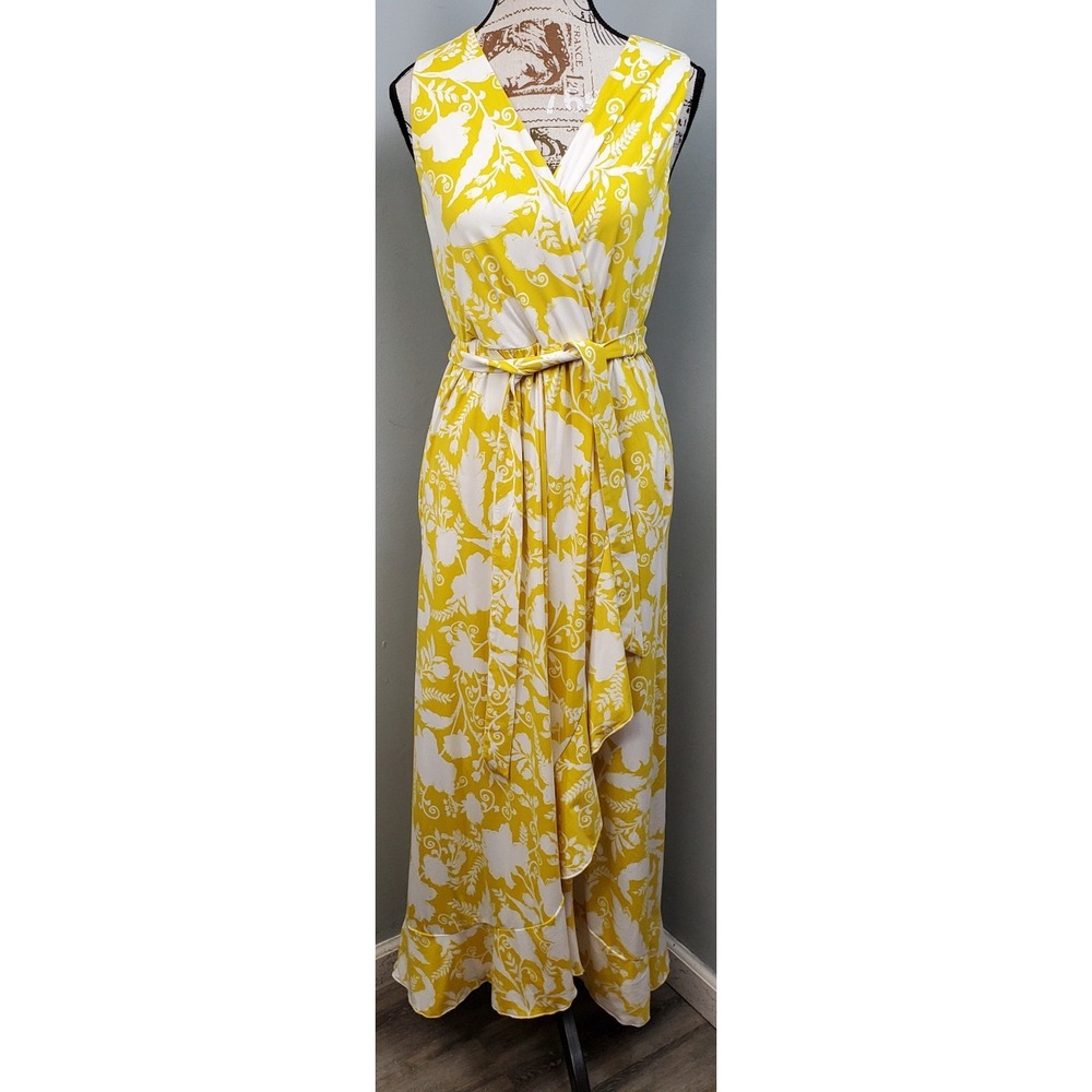 Soma Faux-Wrap Maxi Dress Womens Small Yellow White Floral Sleeveless Tie Waist